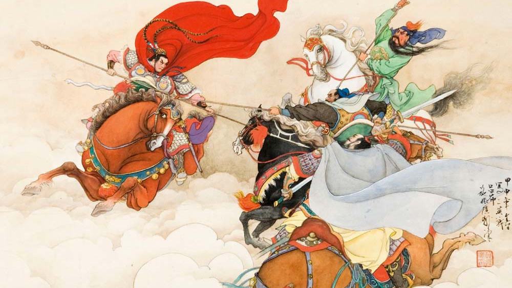 三国志 水墨画 戦闘シーン 三英戦呂布 三英戦呂布_百度百科