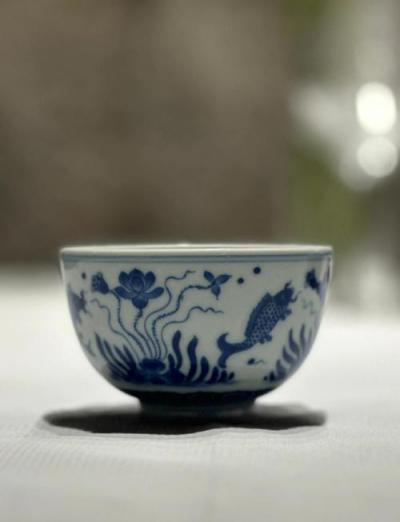 中国清時代　新渡青花花魚図煎茶碗5客　口径約5.8㎝　東Y8-0728☆2F 元代青花魚藻文高足碗_百度百科